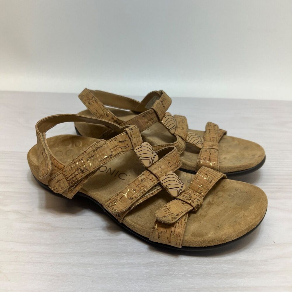Vionic Womens Size 8 39 Amber Tan Leather Comfort Adjustable Strap Sandals